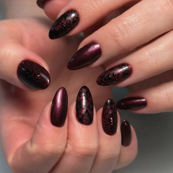 Deep Burgundy with Black Lace Overlay Medium Almond Nails — Trendy Medium Almond Nails