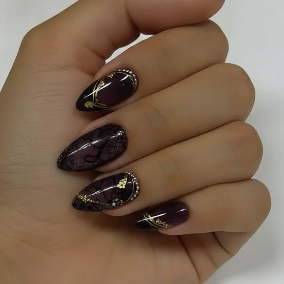 Deep Plum with Lace and Foil Medium Almond Nails — Trendy Medium Almond Nails