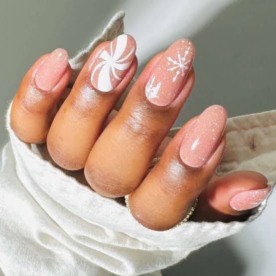 Nude French with Pearls and 3D Flowers Medium Almond Nails — Trendy Medium Almond Nails
