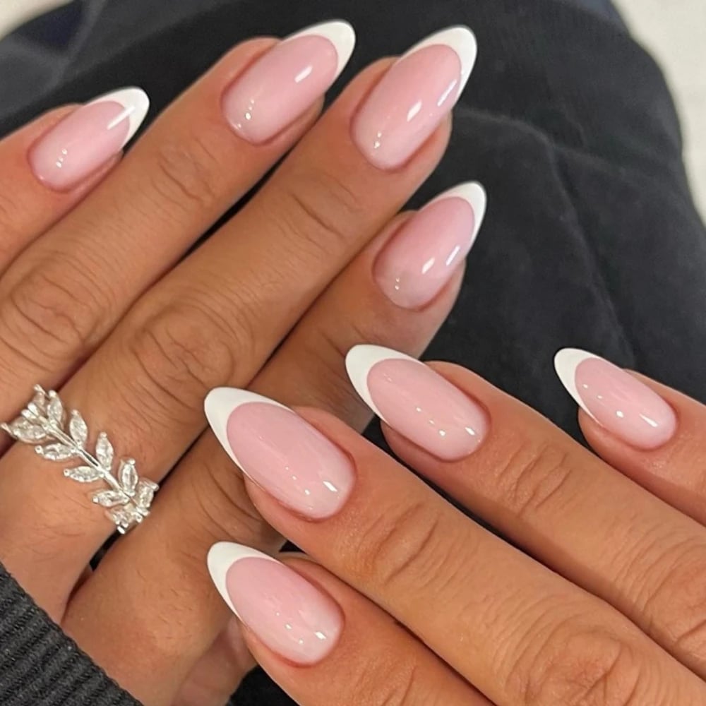 Sheer Pink Milky French Medium Almond Nails — Trendy Medium Almond Nails