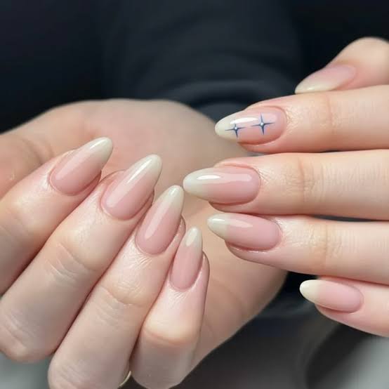 Milky Pearlescent with Silver Line French Medium Almond Nails — Trendy Medium Almond Nails
