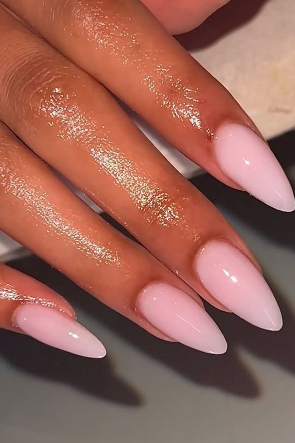 Sheer Milky Pink Flawless Medium Almond Nails, Glossy — Trendy Medium Almond Nails