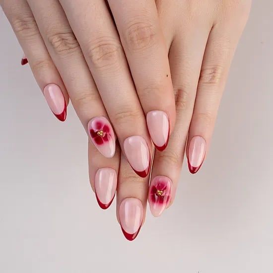 Red Floral Accent French Medium Almond Nails — Trendy Medium Almond Nails