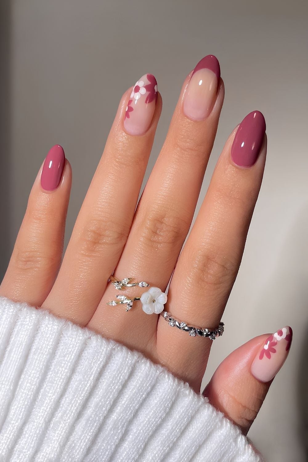 Pink Berry Solid with Floral French Medium Almond Nails — Trendy Medium Almond Nails