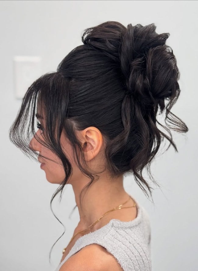 Romantic Textured Updo With Face-Framing Pieces, Dark Brown — Trendy Messy Bun Updo