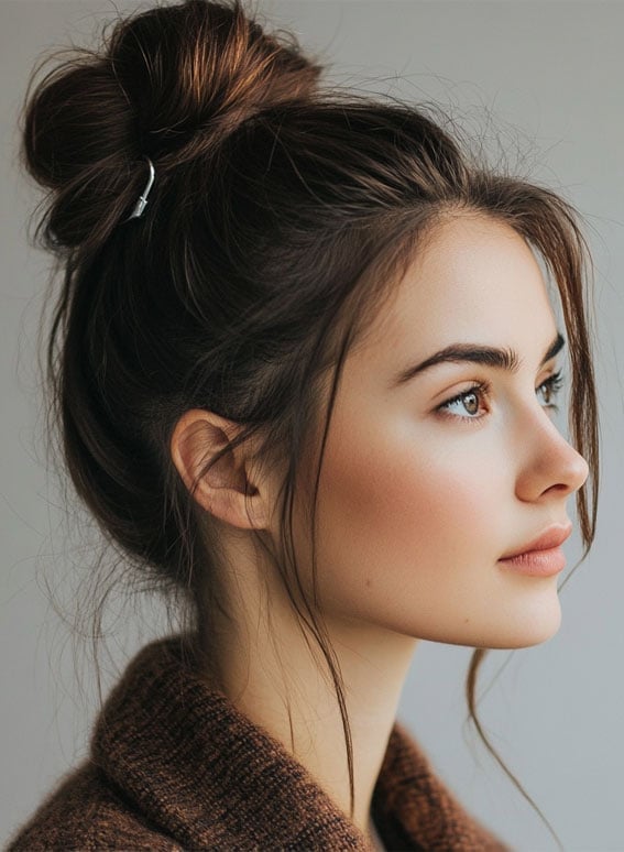 Textured Messy Bun With Wispy Bangs — Trendy Messy Bun Updo