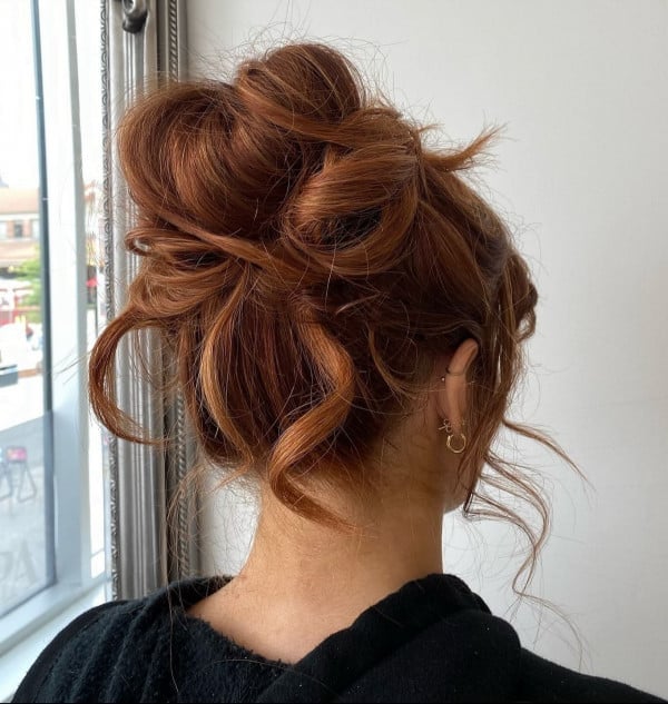 Fiery Red Updo With Face-Framing Pieces — Trendy Messy Bun Updo