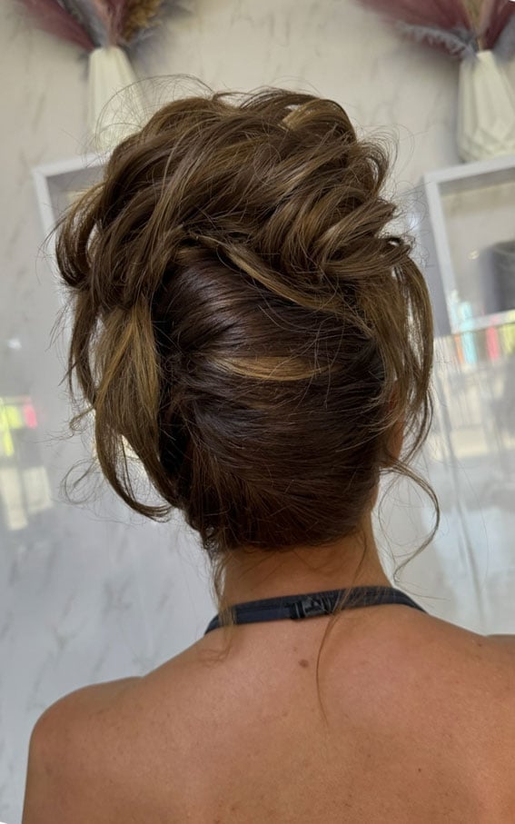 Piled Messy Updo With Textured Pieces — Trendy Messy Bun Updo