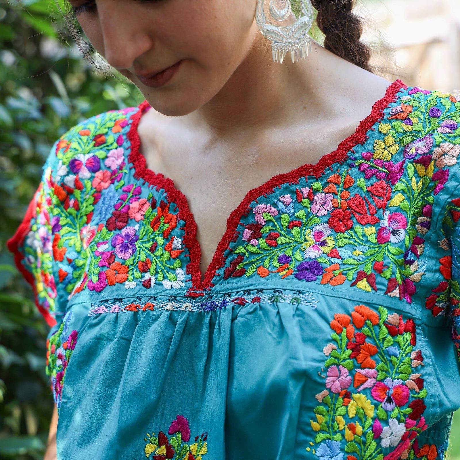 Teal Top with Vibrant Floral Embroidery Teal Top with Vibrant Floral Embroidery — Trendy Mexico Outfits