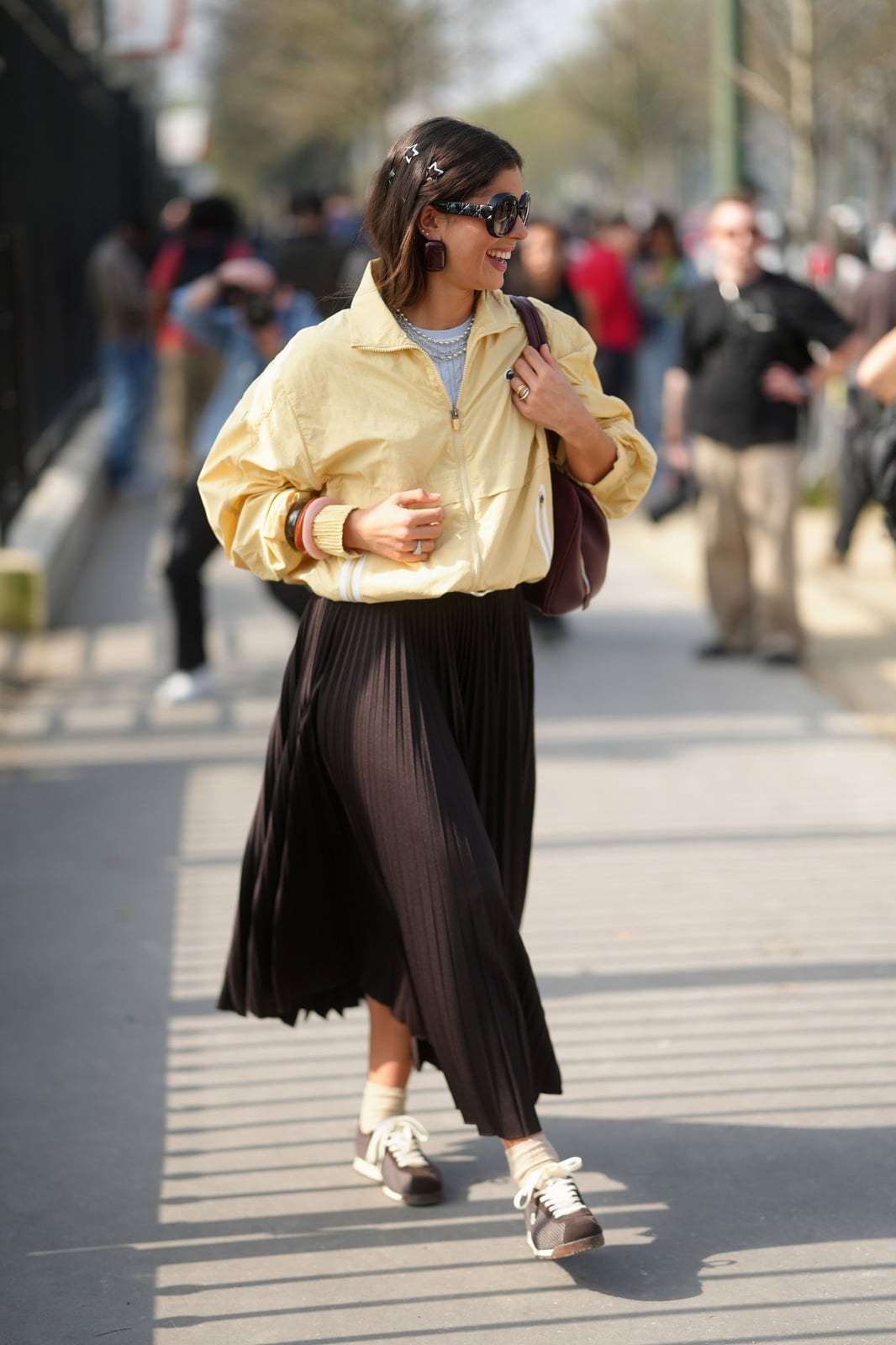 Dark Brown Pleated Midi Skirt with Zip-Up Jacket — Trendy Midi Skirt Outfits