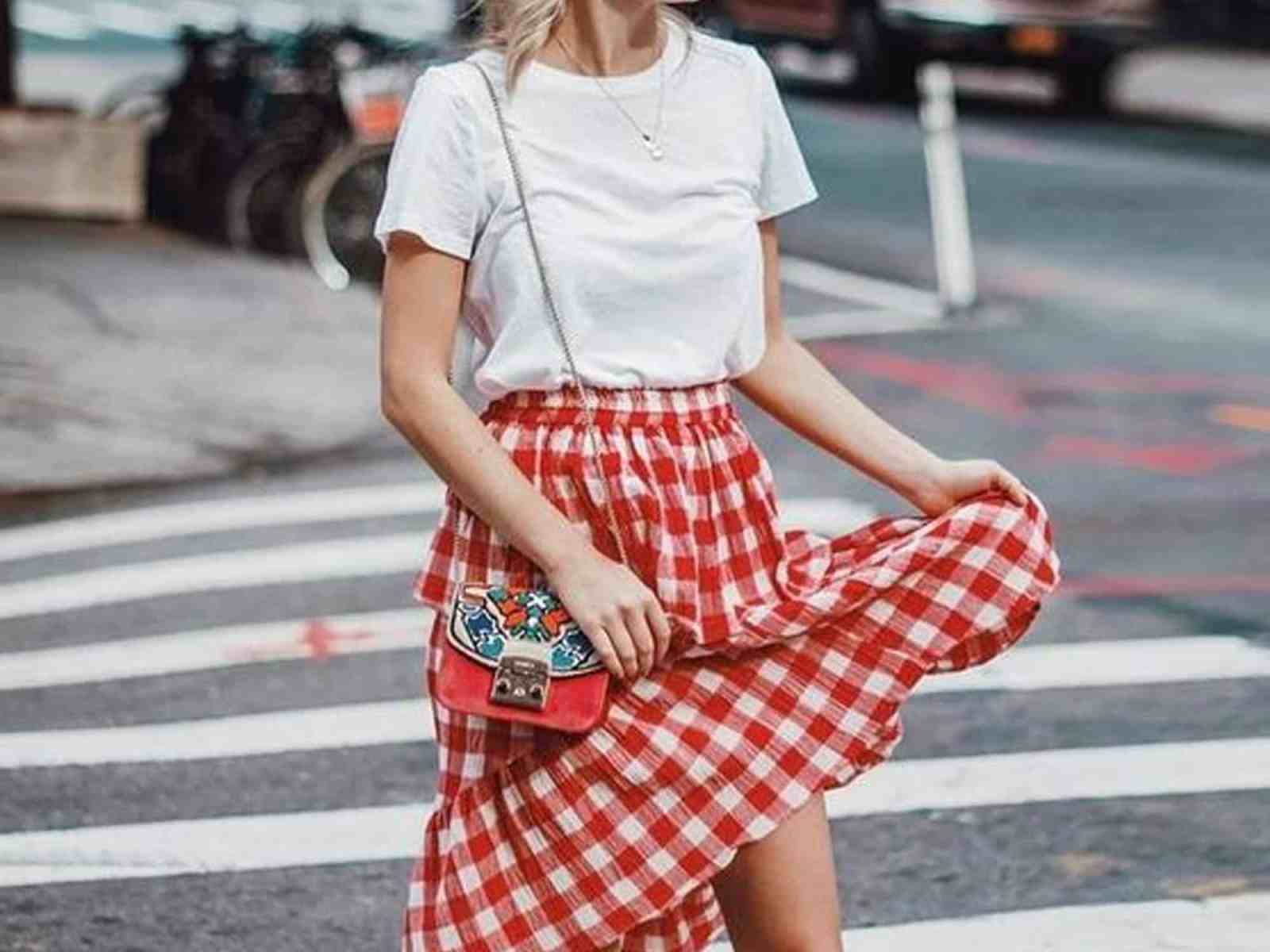 Red and White Gingham Midi Skirt with Ruffled Hem — Trendy Midi Skirt Outfits