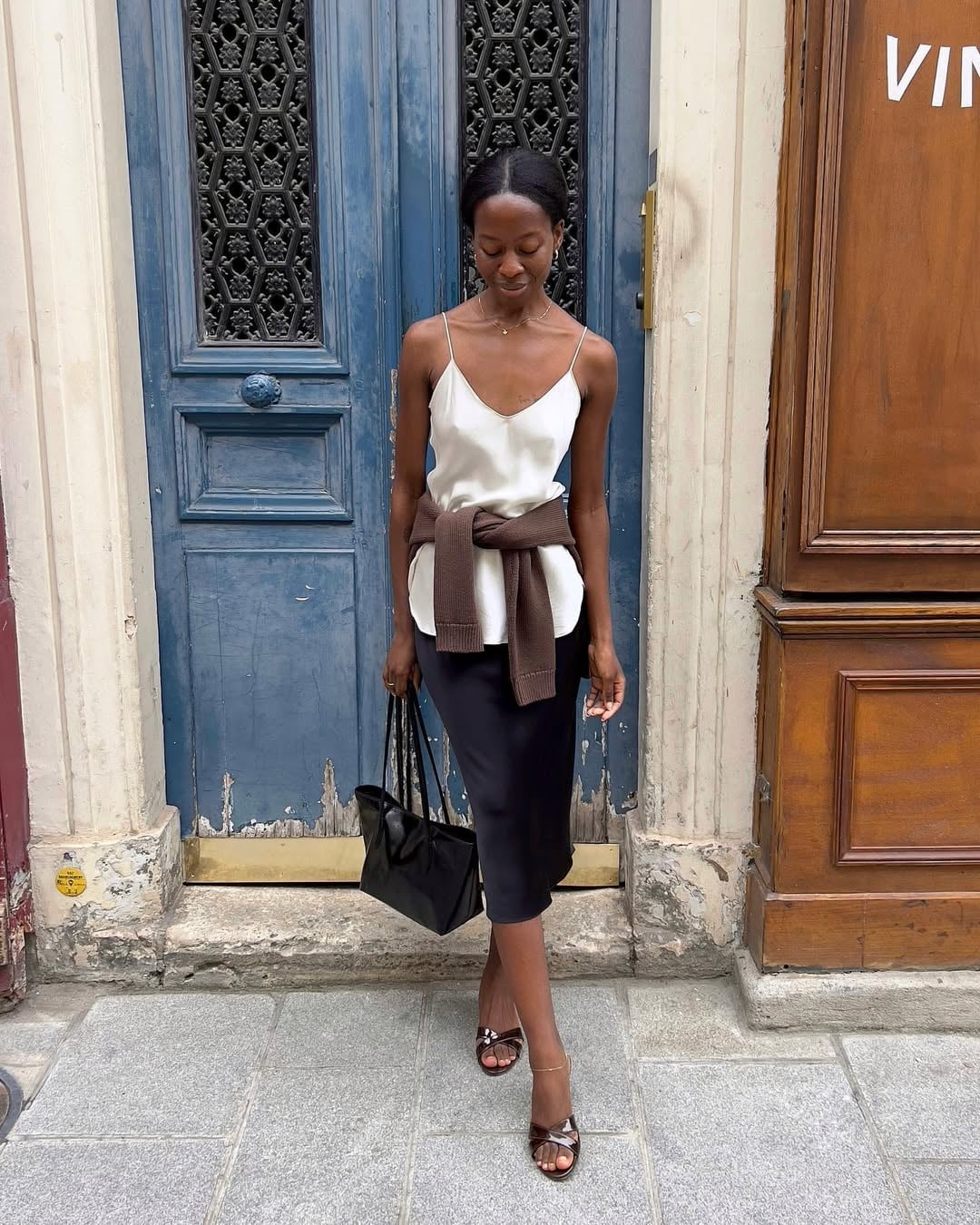 Black Midi Skirt with Silk Camisole and Knit Sweater — Trendy Midi Skirt Outfits