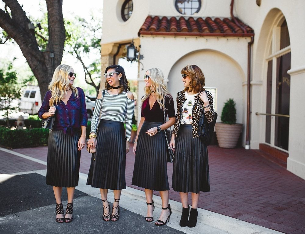 Black Pleated Leather Midi Skirts with Varied Tops — Trendy Midi Skirt Outfits