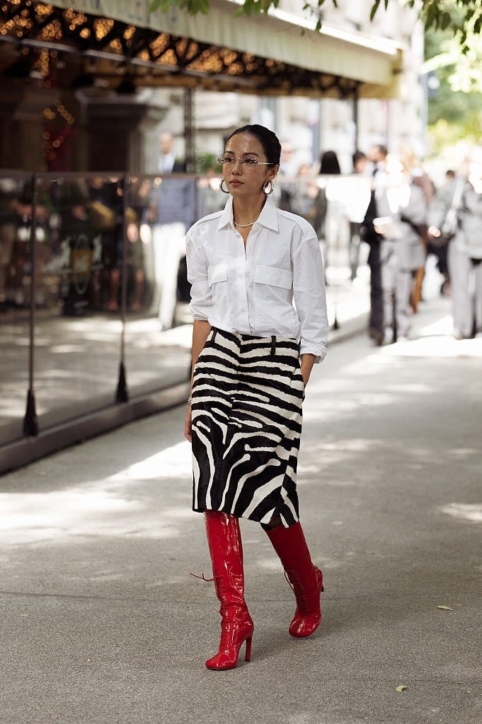 Zebra Print Midi Skirt with Red Boots — Trendy Midi Skirt Outfits