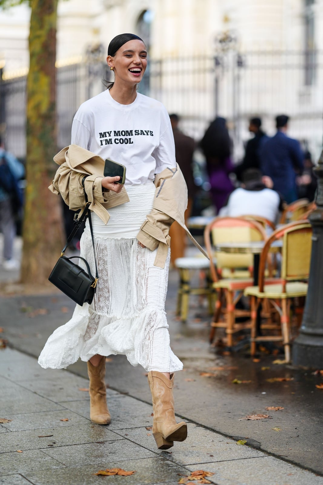 White Lace Midi Skirt with Graphic Tee and Trench — Trendy Midi Skirt Outfits