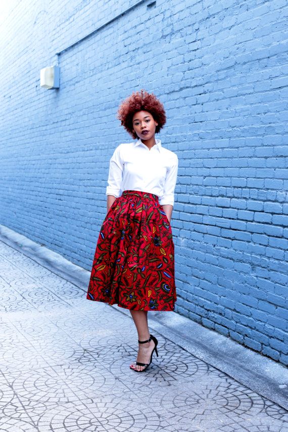 Patterned Midi Skirt with White Button-Down Shirt — Trendy Midi Skirt Outfits