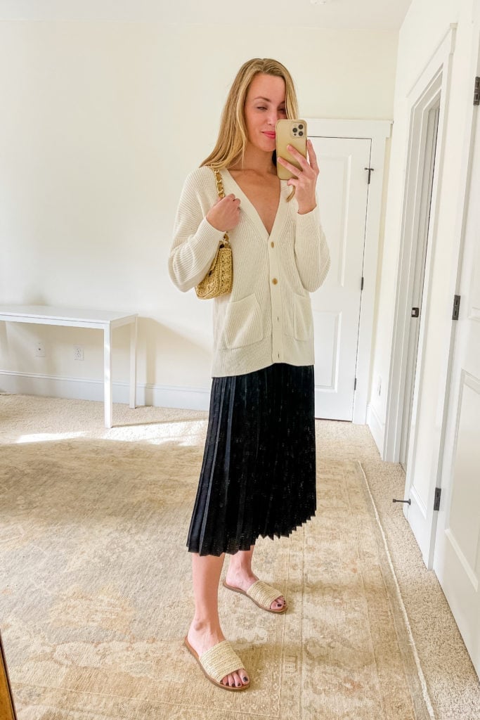 Black Velvet Pleated Midi Skirt with Cream Cardigan — Trendy Midi Skirt Outfits