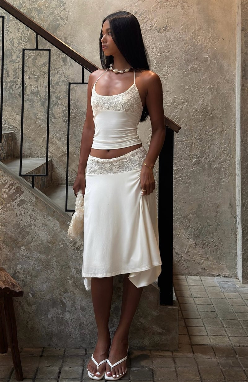 White Lace Trim Midi Skirt with Camisole — Trendy Midi Skirt Outfits