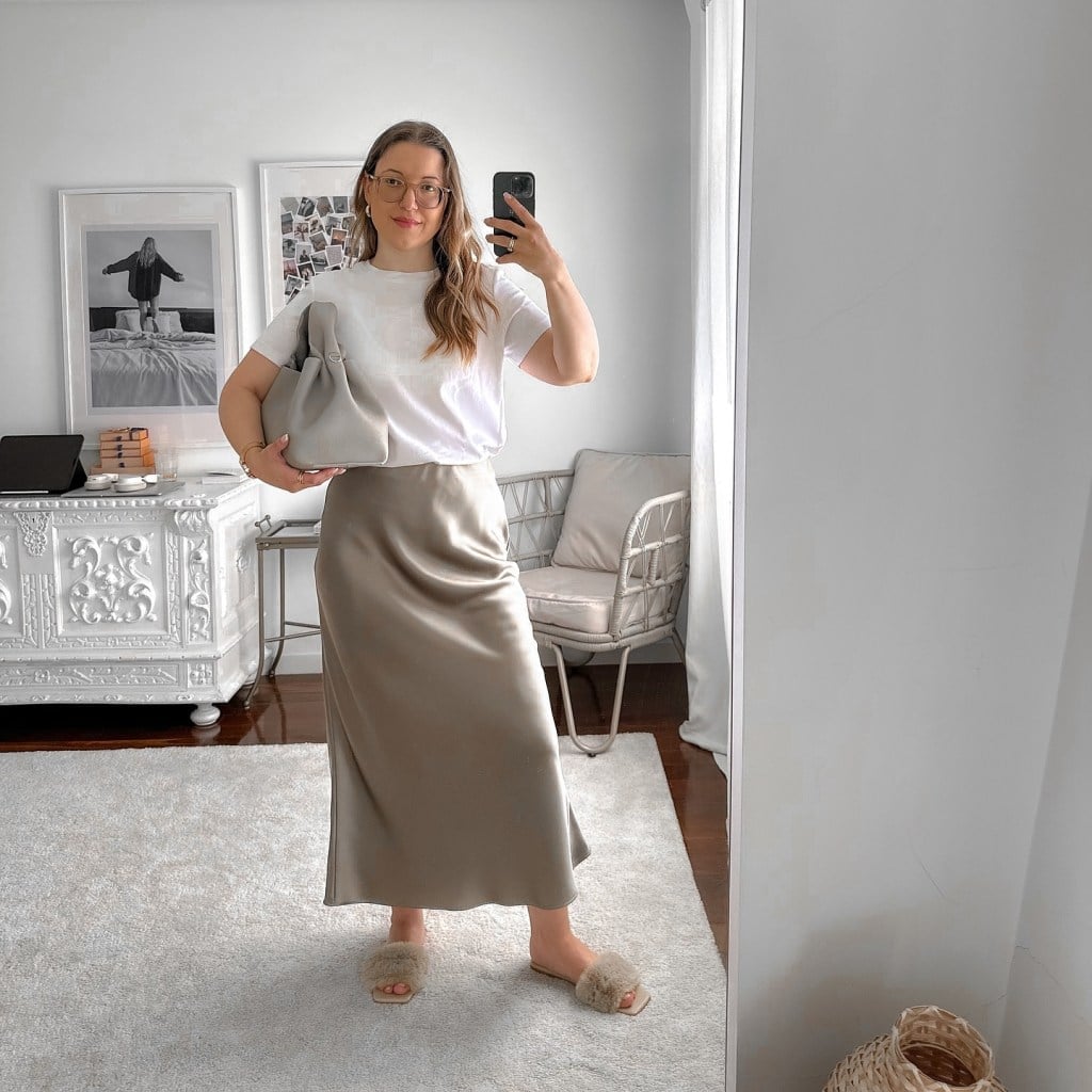 Beige Satin Midi Skirt with Furry Slides — Trendy Midi Skirt Outfits