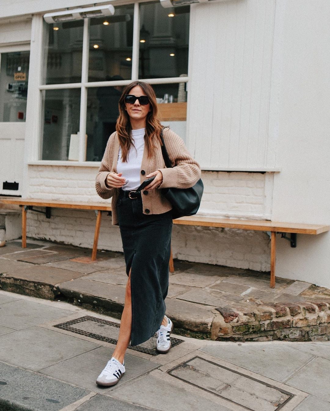Denim Midi Skirt with Cardigan and Sneakers — Trendy Midi Skirt Outfits