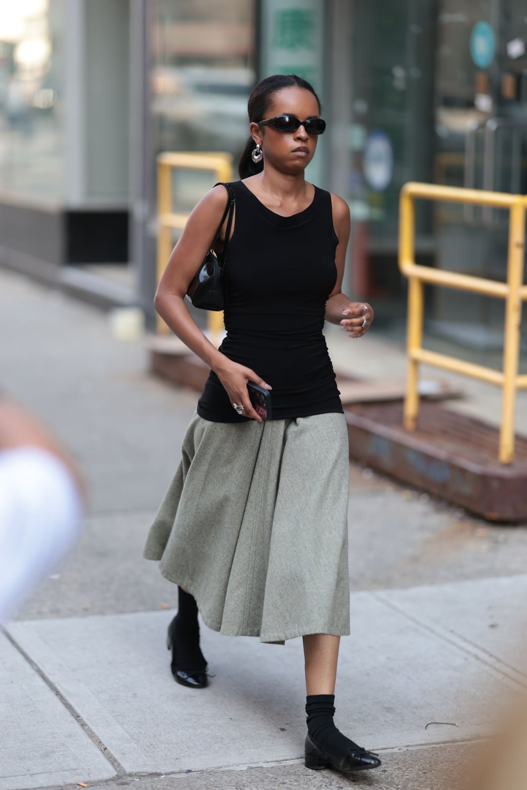 Grey Textured Midi Skirt with A-line Silhouette — Trendy Midi Skirt Outfits