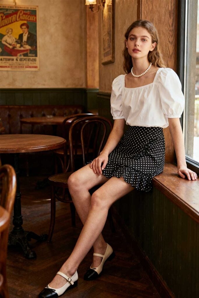 Polka Dot Ruffled Mini Skirt with Puff-Sleeve Blouse — Trendy Mini Skirt Outfits