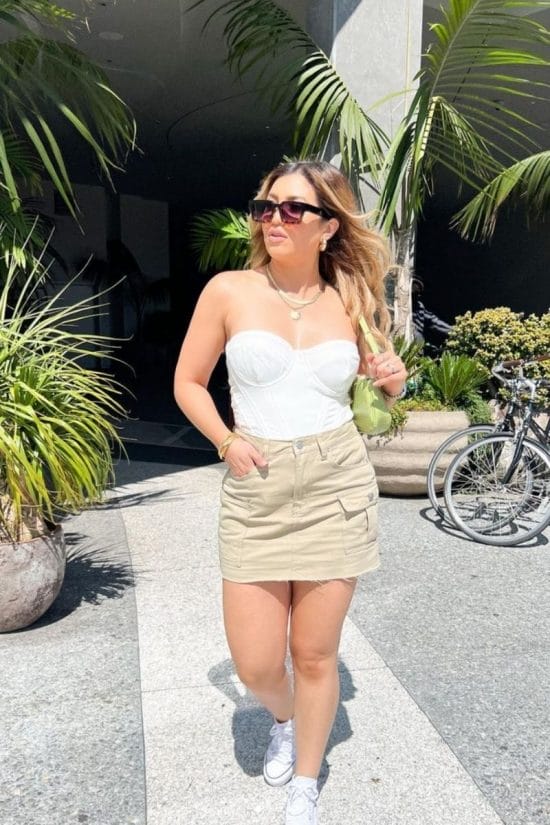 Khaki Cargo Mini Skirt with Corset Top — Trendy Mini Skirt Outfits