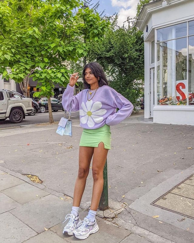 Green Mini Skirt with Graphic Knit Sweater — Trendy Mini Skirt Outfits