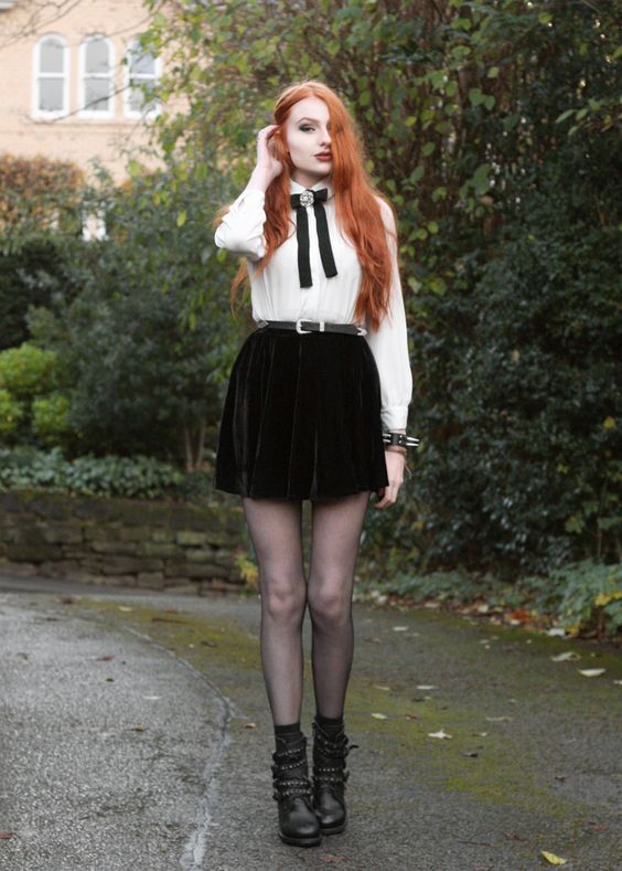 Black Velvet Mini Skirt with Studded Boots — Trendy Mini Skirt Outfits