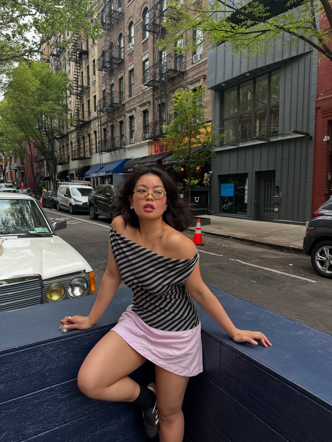 Pink Satin Mini Skirt with Off-The-Shoulder Top — Trendy Mini Skirt Outfits