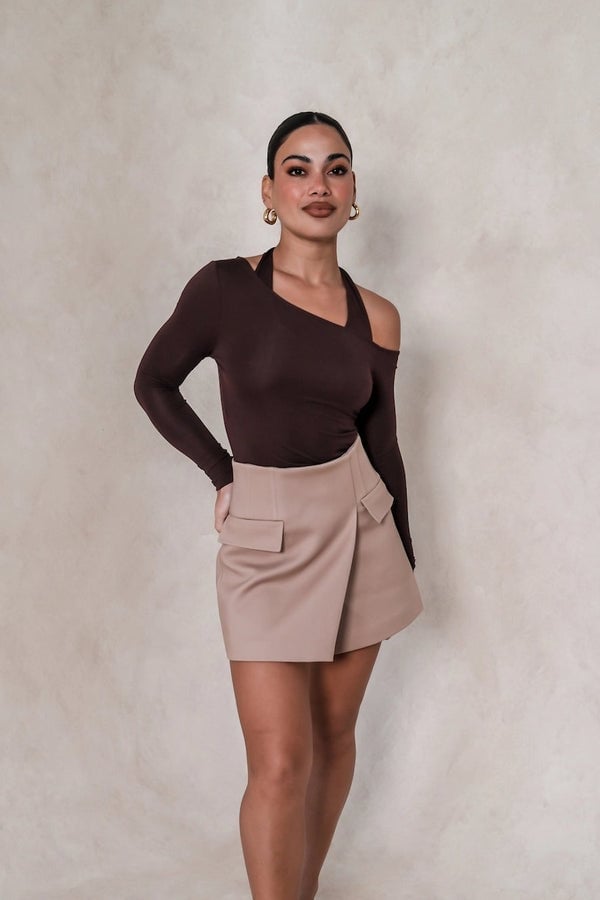 Beige Asymmetrical Wrap Mini Skirt with Cut-Out Top — Trendy Mini Skirt Outfits