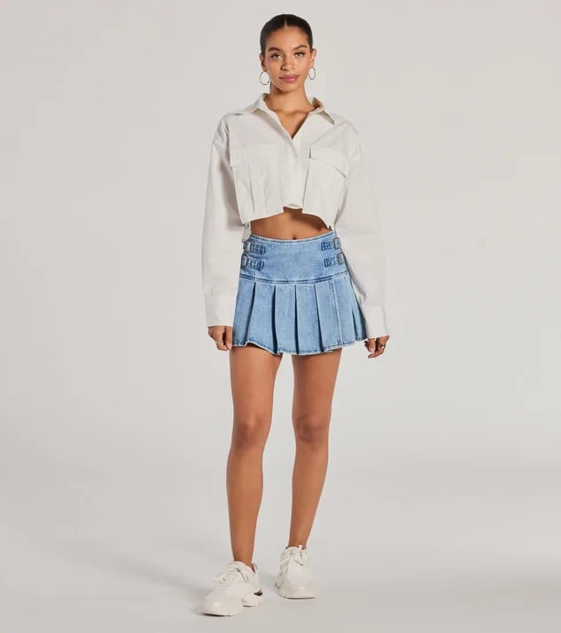 Pleated Denim Mini Skirt with Cropped Shirt — Trendy Mini Skirt Outfits