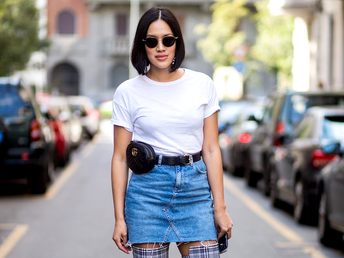 Denim A-line Mini Skirt with Over-The-Knee Boots — Trendy Mini Skirt Outfits