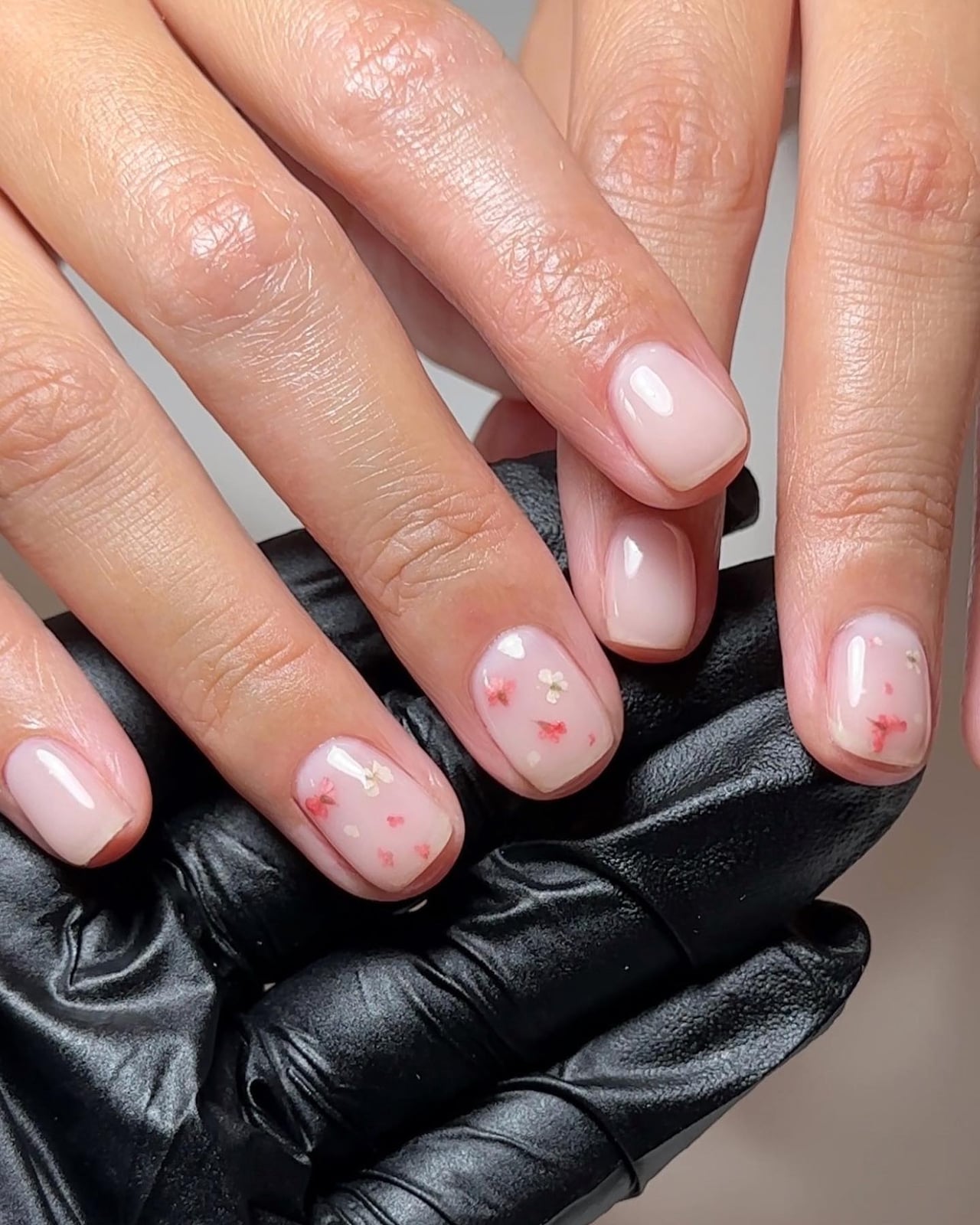 Sheer Nude With Tiny Floral Accents Square Nails — Trendy Minimal Nails