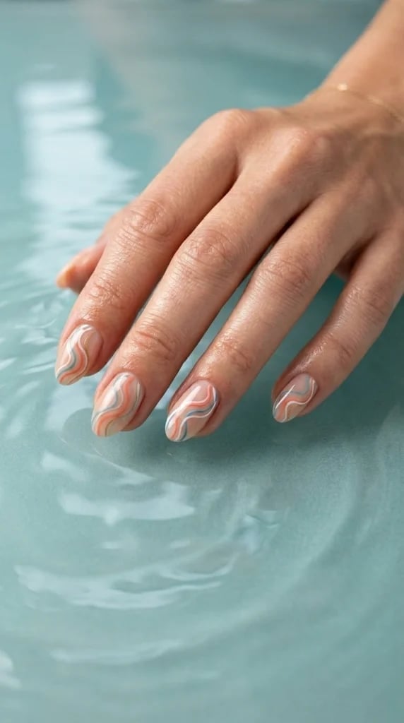 Pastel Wavy Lines Short Oval Nails — Trendy Minimal Nails
