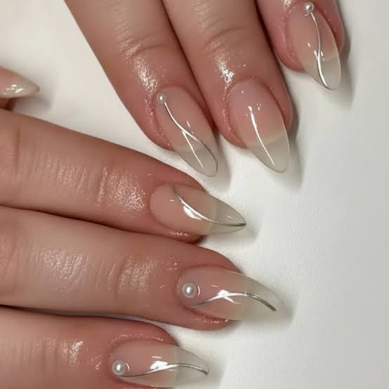 Sheer Nude With Silver Lines and Pearls Stiletto Nails — Trendy Minimal Nails