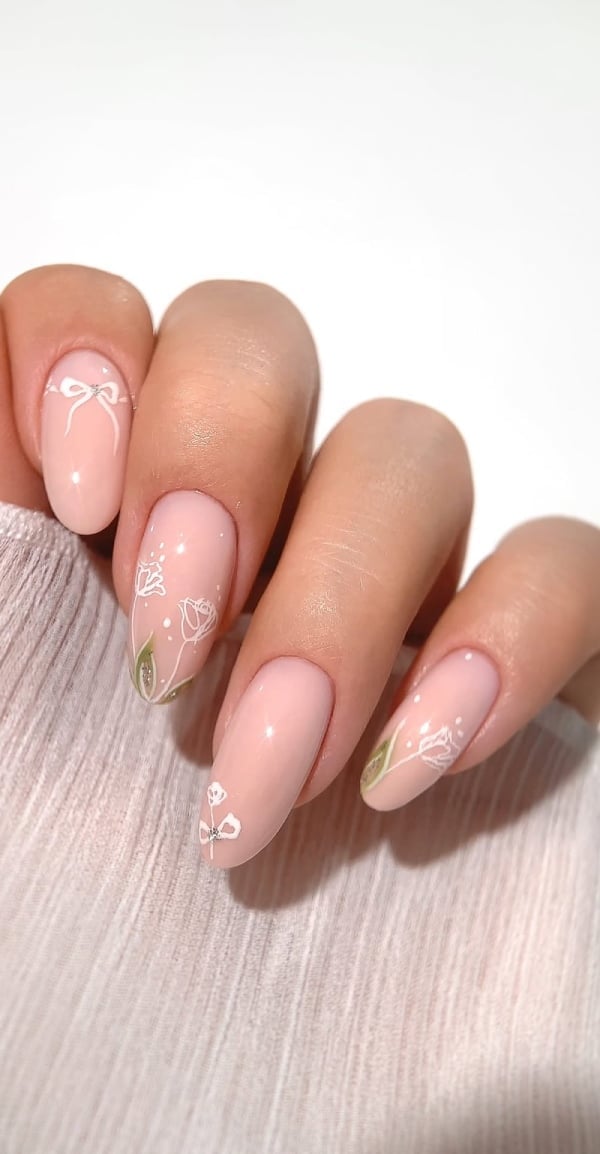 Sheer Pink With White Floral Line Art Oval Nails — Trendy Minimal Nails