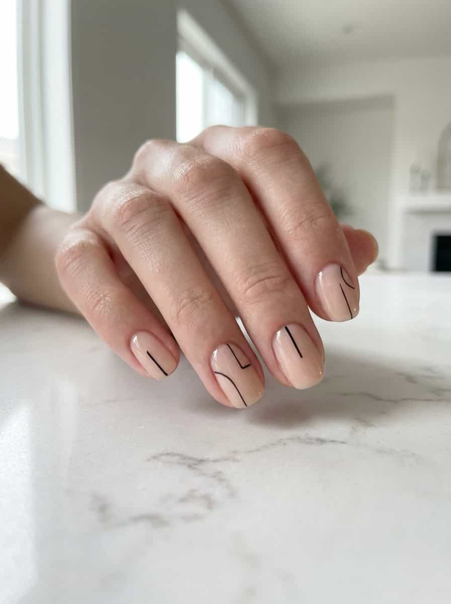 Sheer Nude With Black Line Art Square Nails — Trendy Minimal Nails