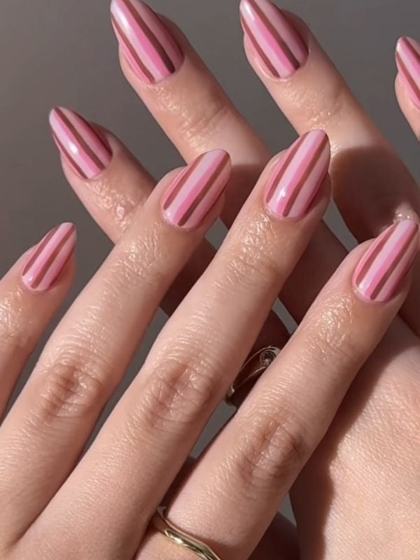 Pink and Brown Vertical Stripes Almond Nails — Trendy Minimal Nails
