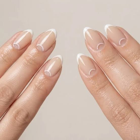 Half-Moon Outline French Tip Almond Nails, Close-Up Take — Trendy Minimal Nails