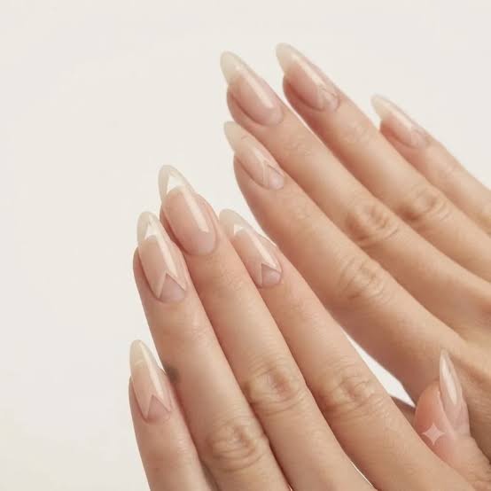 Sheer Nude With Geometric Lines Almond Nails — Trendy Minimal Nails