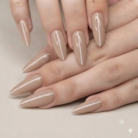 Nude Beige With Single White Lines Almond Nails — Trendy Minimal Nails