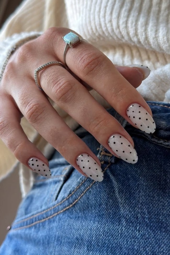 White With Black Polka Dots Long Almond Nails — Trendy Minimal Nails