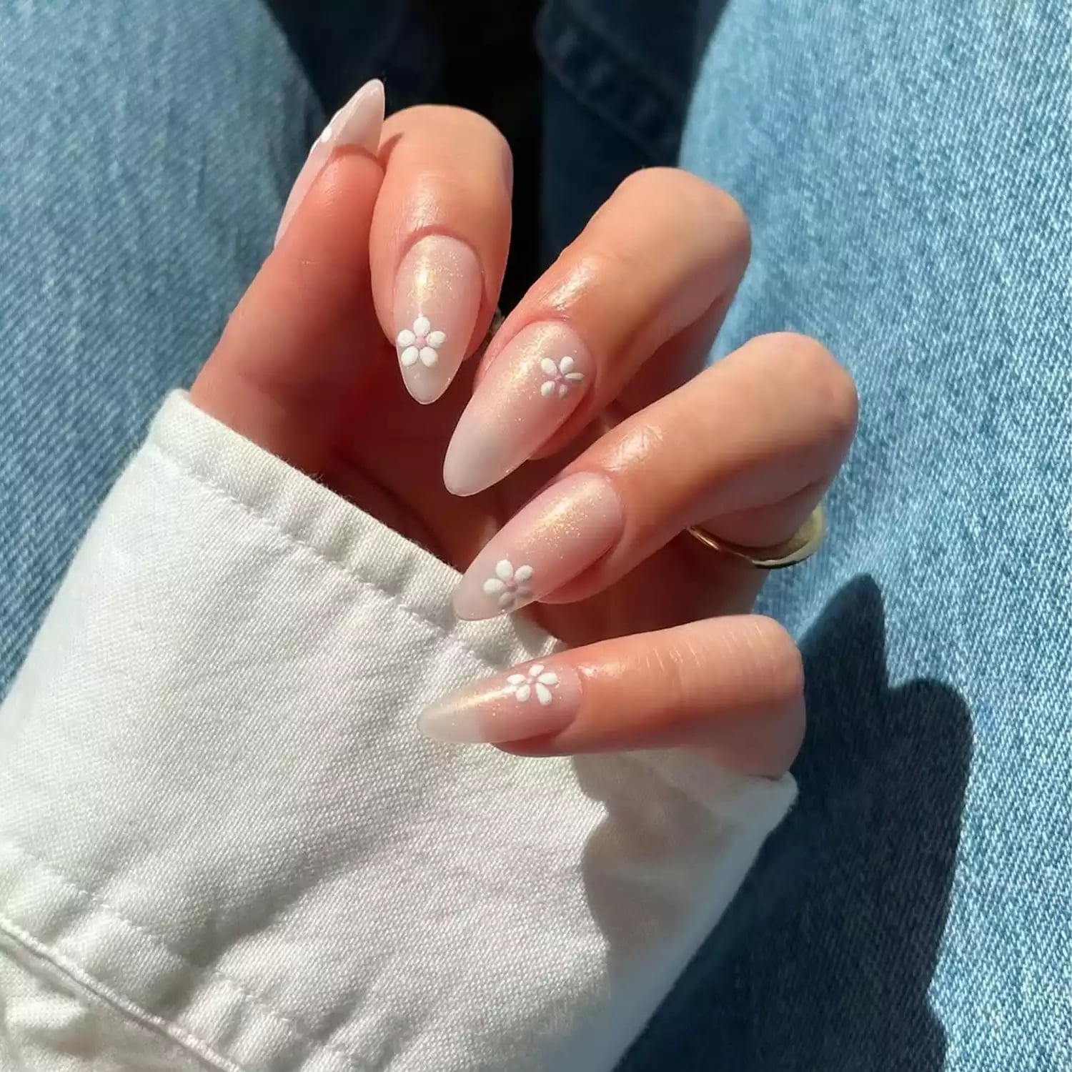 Sheer Milky Pink With Floral Accents Almond Nails — Trendy Minimal Nails