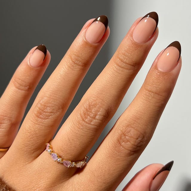 Sheer Nude With Dark Brown French Tip Almond Nails — Trendy Minimal Nails