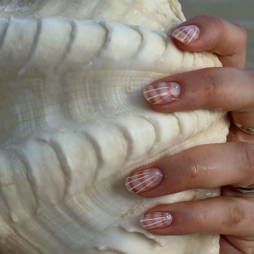 Sheer Base With White Lines and Glitter Oval Nails — Trendy Minimal Nails