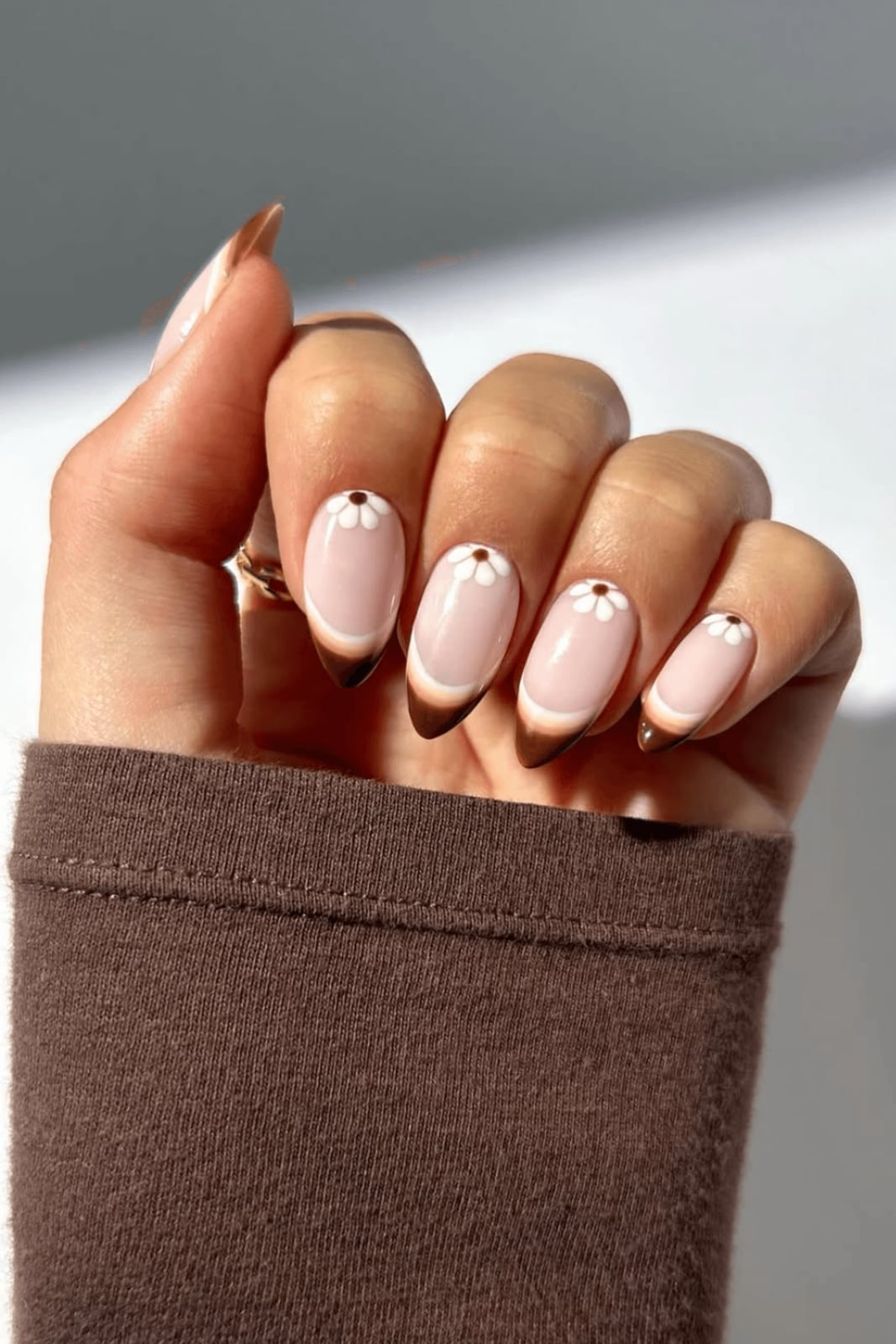 Oval Nails with Deep Brown French and Floral Art Oval Nails with Deep Brown French and Floral Art — Trendy Mocha Nails