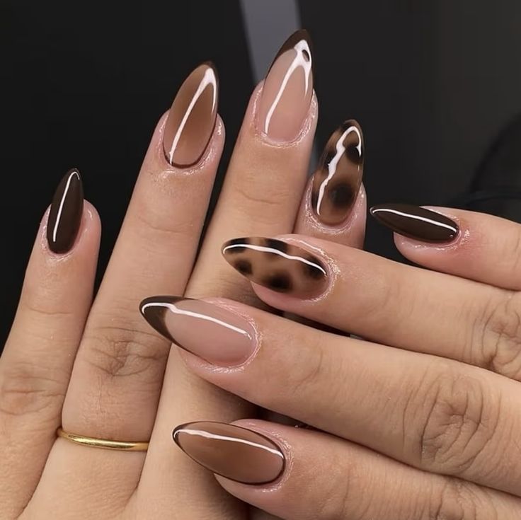 Nude Base with Brown French and Leopard Accents Nude Base with Brown French and Leopard Accents — Trendy Mocha Nails
