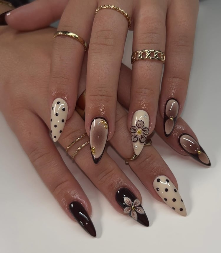 Mocha Brown with Pink Polka Dots and Glitter Tip Mocha Brown with Pink Polka Dots and Glitter Tip — Trendy Mocha Nails