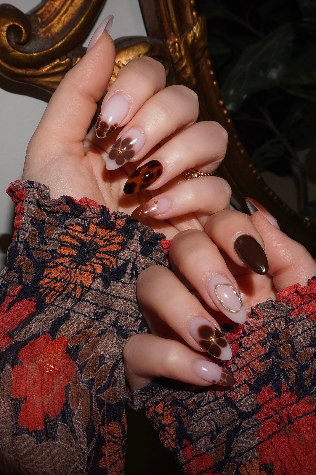 Long Almond with Dark Floral Designs Long Almond with Dark Floral Designs — Trendy Mocha Nails
